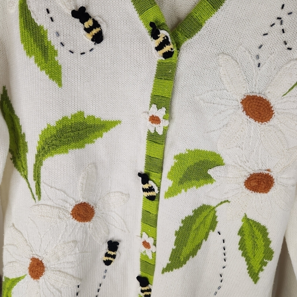 Storybook Knits Vintage Bee Daisy Garden Flower Knit Sweater Cardigan Small - Picture 2 of 8